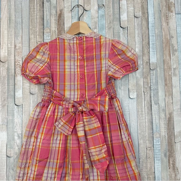Laura Ashley 5 Vintage Girls Silk Smocked Lace Collar Plaid Dress Play Party - Picture 6 of 9